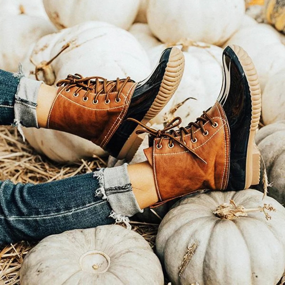 Lace-Up Flat Duck Rain Boot Ankle Booties